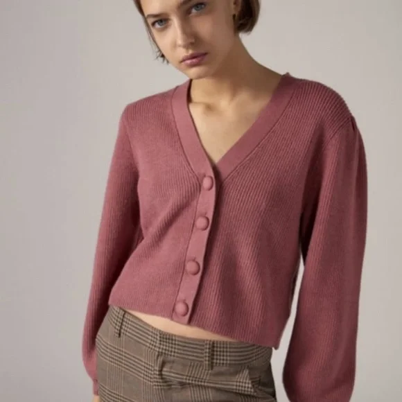 Zara Dark Rose Pink Mauve Knit Puff Shoulder Sleeves Button Up V Neck Cardigan L - Picture 4 of 7